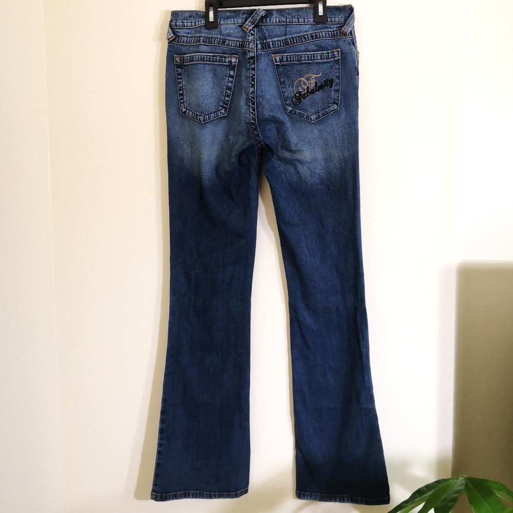 Fabulosity High Rise Stretch Flare Jeans Golden Polka Dot Print‎ Detail Size 9 - Picture 5 of 7